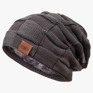 REDESS Basket Weave Faux Fur Lined Slouchy Heather Charcoal Gray Knit Beanie